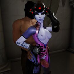 1boy 1girls 3d big_penis blender eyewear_on_head female grabbing_waist kem69 looking_at_viewer male outercourse overwatch overwatch_2 penis standing thigh_job video_games waist_grab widowmaker