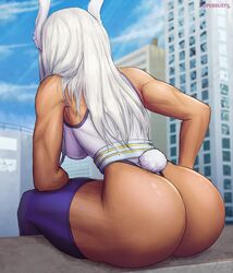 ass back_view big_ass bunny_ears bunny_tail city cityscape dark-skinned_female dark_skin female_human hero_outfit_(mha) human kemonomimi leaning_forward leotard long_hair miruko muscular muscular_female my_hero_academia outside pinup rumi_usagiyama sitting solo solo_focus superbusty superhero_costume superheroine thick_thighs thighhighs toned toned_female white_hair