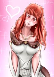 1girls anime_style bangs bare_arms bmd18plus bmdraws celica_(fire_emblem) clothed earrings fire_emblem fire_emblem_echoes:_shadows_of_valentia fully_clothed grin head_tilt heart-shaped_pupils image large_breasts long_hair looking_at_viewer nintendo orange_hair realistic_breast_size red_eyes smile solo solo_female