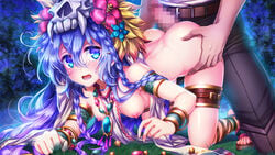 1boy armlet ass_grab bangs blue_eyes blue_flower blue_hair bracelet braid breasts censored doggy_style eyebrows_visible_through_hair female flower game_cg hair_between_eyes hair_flower hair_ornament imminent_sex iolite_link jewelry long_hair mosaic_censoring nipples official_art open_mouth penis red_flower sana_naweue sex sex_from_behind shiny shiny_hair shiny_skin small_breasts straight thigh_strap very_long_hair