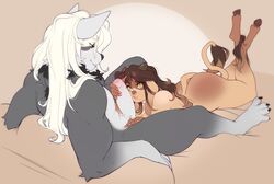 1boy 1girls amber_eyes animal_ears anthro ass black_hair bovine brown_highlights buxbi canine caramel_(cherrikissu) countershading cow_ears cow_horns cow_tail eye_contact female foreskin fur furry grey_fur hal_(vargfriend) hooves horns legs_up long_hair looking_at_partner male narrowed_eyes neck_fur nose_ring nude nude_female nude_male on_bed original original_character penis penis_grab tail white_hair