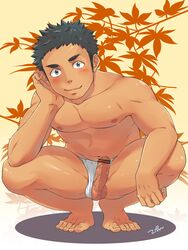 1boy bar_censor bara barefoot black_hair blue_eyes blush censored elbow_on_knee erection feet foreskin fundoshi fundoshi_aside hand_on_own_cheek hand_on_own_face hand_on_own_knee hand_up highres japanese_clothes leaf looking_at_viewer male_focus nipples original pectorals penis short_hair smile solo spiked_hair spread_legs squatting testicles tiptoes tptptpn veins veiny_penis