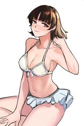 1girls belly bikini bikini_bottom bikini_top blush bra brown_hair female female_focus female_only frilled_bikini hand_on_head hand_on_thigh large_breasts makoto_niijima nero_watch panties persona persona_5 persona_5_royal persona_5_scramble:_the_phantom_strikers simple_background smile smiling solo solo_female solo_focus thick_thighs thunder_thighs white_bikini white_bikini_bottom white_bikini_top