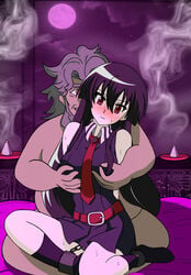 1girls akame_(akame_ga_kill!) akame_ga_kill! arms_behind_back bdsm belt black_hair blush bondage bound_ankles chained chained_ankles chains embarrassed grabbing_breasts grope heavy_blush honest_(akame_ga_kill!) long_hair male nipple_tweak red_eyes scared skirt spread_legs submissive_female sweat tie vulnerable 怒鳴るド