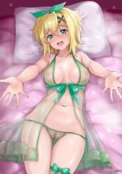 akatsuki_kirika babydoll blonde_hair bra breasts female green_eyes green_panties hair_ornament lingerie looking_at_viewer lying medium_breasts navel negligee nipples on_back open_mouth outstretched_arms panties r-binon see-through senki_zesshou_symphogear shiny shiny_hair shiny_skin short_hair smile solo underwear underwear_only x_hair_ornament