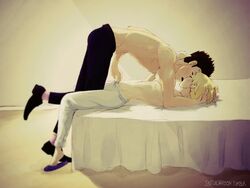 2boys blonde_hair closed_eyes domination earrings femboy gay gay_sex holding_head hunter_x_hunter kissing kurapika leorio_paladiknight male male_on_femboy male_only multiple_boys on_bed pulling_down_pants sketchcartoon slippers teasing touching_hair yaoi