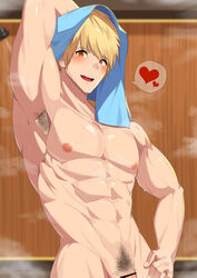 1boy 1male :d abs absurdres after_bathing arm_behind_head arm_up armpit_hair armpits bangs bar_censor bathroom blonde_hair blue_towel blush censored collarbone completely_nude dripping hand_on_hip heart highres human human_only indoors lif_(shuroong) looking_at_viewer male male_focus male_only male_pubic_hair muscular muscular_male navel nipples nude open_mouth orange_eyes original pectorals penis pubic_hair short_hair smile solo spoken_heart standing steam towel towel_on_head wet