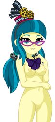 1girls bespectacled blue_eyes breasts equestria_girls female female_only friendship_is_magic glasses hairless_pussy juniper_montage_(eg) long_hair my_little_pony pussy solo standing white_background