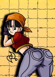 1girls 2d 2d_(artwork) against_wall ass bandana big_ass black_hair dragon_ball dragon_ball_gt female female_only jeans omarsin pan_(dragon_ball) short_black_hair short_hair_female shounen_jump solo solo_female tagme