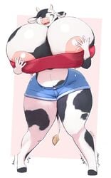 anthro areola_slip blue_shorts bovine breasts_bigger_than_head cow female fur grabbing_own_breast hand_on_breast huge_breasts jean_shorts kkoart lactation lactation_through_clothes lactation_without_expressing massive_breasts motion_lines pink_nipples pink_nose sweatdrop thick_thighs thin_waist visible_nipples wide_hips