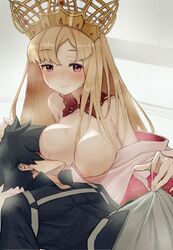 1boy bangs bare_shoulders black_hair black_jacket blonde_hair blush bracelet breast_sucking breasts cleavage crown dress erection erection_under_clothes europa_(fate) fate/grand_order fate_(series) female fujimaru_ritsuka_(male) garter_straps gilf highres jacket jewelry large_breasts long_hair long_sleeves nipples nursing_handjob polar_chaldea_uniform purple_eyes short_dress short_hair smile tamagowari very_long_hair white_dress wide_sleeves