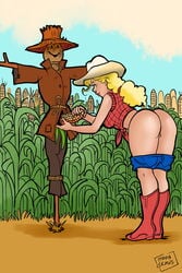 1girls bare_ass blonde_hair boots corn country_girls_make_do cow_girl cowgirl farmgirl female human human_female imminent_insertion long_hair mavruda outdoors outside partially_clothed scarecrow shorts shorts_down solo