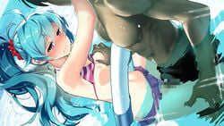 bangs bikini bikini_aside bikini_lift blue_hair bottomless breast_grab breasts censored character_request closed_mouth clothed_sex clothes_lift day eyebrows_visible_through_hair female floating_hair game_cg grabbing hair_between_eyes hair_ornament hair_scrunchie iolite_link leg_grab long_hair looking_away medium_breasts mosaic_censoring nipples ocean official_art outdoors penis pink_bikini ponytail red_eyes red_scrunchie scrunchie sex shiny shiny_hair straight striped striped_bikini sweatdrop swimsuit vaginal_penetration very_long_hair