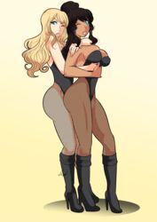 2girls arm_around_neck ass avatar_legends big_ass black_boots black_canary black_canary_(cosplay) black_hair black_leotard blonde_hair boots breasts brown_hair bunnysuit busty cleavage clothing crossover dc dc_comics dinah_lance female femdom fishnet_legwear fishnet_pantyhose fishnet_stockings fishnets green_arrow_(series) hand_on_hand hand_on_stomach korra large_breasts leotard lufidelis source_request straight_hair the_avatar the_legend_of_korra thick_thighs thighs water_tribe yuri