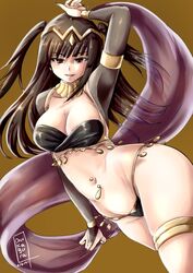 1girls 2021 alternate_costume bangs bare_midriff bare_thighs belly_dancer belly_dancer_outfit brown_eyes brown_hair cleavage dancer dancer_outfit dancing fire_emblem fire_emblem_awakening grin harem_outfit large_breasts long_hair looking_at_viewer navel_piercing nintendo onikagura_(artist) piercing redraw smile solo solo_female tharja_(fire_emblem) thick_thighs