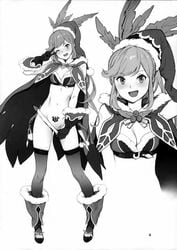 1girls :d absurdres bangs bare_midriff blush bra breasts cape clarisse_(granblue_fantasy) cleavage female fur_trim gloves granblue_fantasy greyscale hat highres inoue_kiyoshirou long_hair looking_at_viewer medium_breasts monochrome multiple_views one_eye_closed open_mouth page_4 page_number panties panty_pull ponytail pubic_tattoo queen_of_spades santa_hat scan simple_background smile spade standing swept_bangs tattoo thighhighs v_over_eye white_background