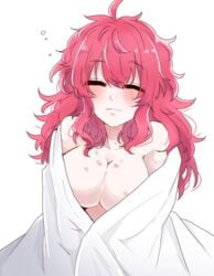 ahoge bed_sheet breasts breasts_out cleavage closed_eyes covered_nipples cute female kimi_ga_shine markings mouth_closed nao_egokoro no_bra nude red_hair sleepy solo_focus underboob your_turn_to_die yttd