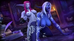 2021 2girls 3d ahe_gao alliance_(warcraft) big_breasts blizzard_entertainment broken_isles chaossu3d collar death_knight elf elyssa_(mus_daera) from_behind futa_on_female futanari horde leash night_elf night_elf_death_knight nightborne original_character suramar tongue_out valryna_trisbanise warcraft world_of_warcraft