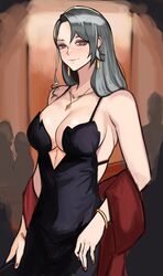 1girls big_breasts black_dress blush breasts cleavage dress jewelry long_hair looking_at_viewer nero_watch persona persona_5 persona_5_royal persona_5_scramble:_the_phantom_strikers red_eyes revealing_clothes sae_niijima silver_hair tagme