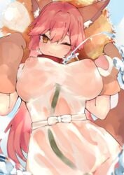 absurdres animal_ear_fluff animal_ears bangs between_breasts bow breasts collar commentary_request covered_nipples dress fate/extra fate/grand_order fate_(series) female fox_ears fox_girl fox_tail gloves hair_between_eyes hat highres hose large_breasts long_hair looking_at_viewer one_eye_closed paw_gloves paws pink_hair ponytail puffy_nipples rottenweiler sidelocks smile solo straw_hat tail tamamo_cat wet wet_clothes white_dress yellow_eyes