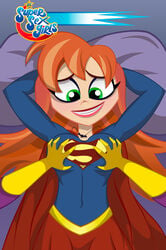 1girls arms_up barbara_gordon batgirl_(cosplay) bed breasts cape costume_switch dc dc_comics dc_super_hero_girls female female_focus female_only fmx green_eyes groping groping_breasts hands_behind_head lips long_hair looking_down necklace nervous_smile on_back orange_hair pillow pov pov_hands redhead smile source_request supergirl_(cosplay) superhero_costume yuri