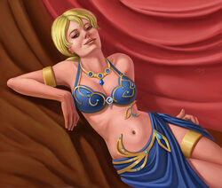 1girls belly_dancer belly_dancer_outfit blonde_hair brown_eyes cleavage curvy dancer dancer_outfit deranf female female_focus female_only hi_res looking_at_viewer maketh_tua medium_breasts navel simple_background slave_bikini slave_leia_(cosplay) smile solo star_wars star_wars_rebels watermark