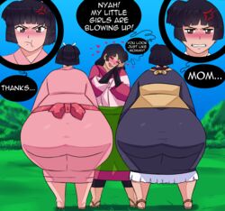 3girls angry_face big_ass big_belly big_breasts big_butt black_hair blush clenched_teeth clothed_female cookies-cat female_only gyokuto happy inuyasha kin'u mother_and_child mother_and_daughter sango solo_female twins wide_hips