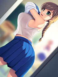 ass ass_focus big_breasts braid braided_hair braided_ponytail breasts brown_hair changing changing_room embarrassed glasses huge_breasts large_breasts looking_at_viewer looking_back original_character peephole peeping shirt skirt spying surprised udonko072 undressing voyeur voyeurism