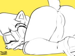 anthro anus archie_comics ass boots chipmunk eyebrows eyelashes female hair hearlesssoul looking_back lying one_eye_covered pussy sally_acorn small_tail sonic_(series) sonic_the_hedgehog_(archie) sonic_the_hedgehog_(comics) tenshigarden yellow_background