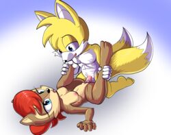 2_tails anthro anthro_on_anthro archie_comics blue_eyes breasts brown_body canid canine chipmunk female fours_(artist) fox genitals ground_squirrel hair half-closed_eyes hi_res male male/female mammal multi_tail narrowed_eyes nipples penis pussy red_hair rodent sally_acorn sciurid sex sonic_(series) sonic_the_hedgehog_(archie) sonic_the_hedgehog_(comics) sonic_the_hedgehog_(series) tails tails_the_fox tan_body vaginal_penetration white_body yellow_body