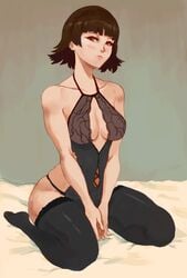 1girls big_breasts black_clothing black_lingerie breasts brown_hair cleavage cleavage_cutout clothing female female_only kneeling lingerie looking_at_viewer makoto_niijima on_knees persona persona_5 persona_5_royal short_hair tagme thats-lewdacris