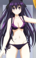 arms bangs belly belly_button big_breasts black_hair_ornament blush breasts cleavage cute date_a_live exposed_belly hair hands long_hair nails purple_eyes purple_hair purple_swimsuit purple_swimwear swimsuit thighs white_skin yatogami_tohka