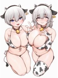 2girls animal_ears big_breasts blue_eyes breasts chubby chubby_female cow_bikini cow_ears cow_horns cow_print daughter ear_tag female half-closed_eyes huge_breasts lamsass mature_female milf mother_and_daughter thick_thighs uzaki-chan_wa_asobitai! uzaki_hana uzaki_tsuki wide_hips