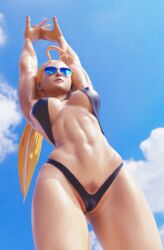 1girls 3d abs arms_above_head aviator_sunglasses big_breasts bikini blender blonde_hair blue-tinted_eyewear blue_sky breasts cameltoe cammy_white erect_nipples female female_only large_breasts lynya muscles muscular muscular_female nipples nipples_visible_through_clothing outside ponytail pubic_hair pubic_hair_peek pussy solo street_fighter stretching sunglasses tied_hair tinted_eyewear wet_skin