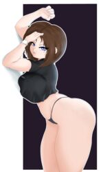 1girls bare_legs black_hair blue_eyes curvy danathegoomba no_pants panties pose posing samsung samsung_sam simple_background small_panties solo thick_thighs