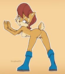 against_wall anthro anus archie_comics ass bent_over blue_eyes boots breasts brown_body brown_fur brown_hair chipmunk clothing female footwear footwear_only fur genitals ground_squirrel hair looking_back mammal mostly_nude nipples pussy qrog rear_view rodent sally_acorn sciurid simple_background solo sonic_(series) sonic_the_hedgehog_(archie) sonic_the_hedgehog_(comics) sonic_the_hedgehog_(series)