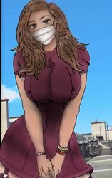 1girls ass big_breasts bracelet brown_hair covid-19_pandemic dress female female_only fully_clothed looking_at_viewer mask nipples_visible_through_clothing original original_character purple_dress surgical_mask