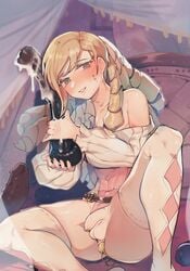 1boy anal anal_beads anal_object_insertion blonde_hair byebyefrog diamond_(shape) dildo drill_hair femboy fire_emblem fire_emblem_fates flaccid foreskin forrest_(fire_emblem) girly highres huge_dildo looking_at_viewer male nintendo object_insertion off_shoulder otoko_no_ko penis sex_toy smile solo solo_male spread_legs testicles thighhighs trap uncensored