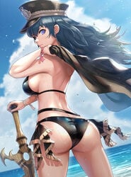 1girls absurdres ass back back_view belt bikini black_bikini black_headwear black_jacket blue_hair blue_sky breasts byleth_(fire_emblem) byleth_(fire_emblem)_(female) closed_mouth cloud cowboy_shot day female fire_emblem fire_emblem:_three_houses floating_hair fringe_trim from_behind gonzarez hat highres holding holding_clothes holding_jacket horizon jacket jacket_removed large_ass large_breasts long_hair looking_at_viewer looking_back ocean peaked_cap planted planted_sword purple_eyes serious sideboob sky solo solo_female swimsuit sword sword_of_the_creator teal_hair water water_drop weapon wind wristband