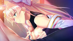 1boy bangs blue_eyes blue_pants bow breasts censored closed_mouth crescent crescent_hair_ornament eyebrows_visible_through_hair female floating_hair game_cg girls_book_maker hair_ornament hairbow kaguya_(girls_book_maker) long_hair medium_breasts mosaic_censoring mtu_(orewamuzituda) nipples official_art paizuri pants penis pink_hair shiny shiny_hair smile star_(symbol) star_hair_ornament upper_body very_long_hair