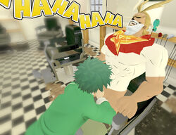 2boys 3d all_might bara barber barber_chair blowjob clothed deku fetish gay izuku_midoriya kneeling laughing male male/male male_only my_hero_academia older_man_and_younger_boy oral oral_sex sfm shaving shaving_cream sitting source_filmmaker sucking toshinori_yagi yaoi