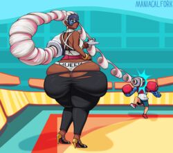 arms_(game) ass_cleavage ass_expansion big_ass big_butt bottomwear bracelet butt_crack clothed clothing dark-skinned_female dark_skin drink eyelashes footwear green_eyes high_heels highres looking_back looking_down maniacalfork massive_ass mole nintendo panties pants pink_hair shoes small_breasts spring_man standing straight_hair thick_legs thick_lips thick_thighs tight_clothing tight_fit topwear twintails twintelle video_games watermark white_hair