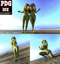 2girls 3d ass beach big_ass bikini bimbo breasts cleavage curvy female_focus female_only green_skin hera_syndulla huge_breasts looking_at_viewer nipples open_mouth picodegato sling_bikini star_wars star_wars_rebels swimsuit thick_thighs twi'lek voluptuous watermark wide_hips