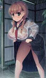 big_breasts bra braid braided_hair braided_twintails breasts brown_hair dress dress_lift embarrassed flashing flashing_pussy glasses huge_breasts large_breasts leaning_forward original_character pussy pussy_juice pussy_juice_trail rain school_uniform schoolgirl see-through see-through_clothing smile udonko072 wet wet_clothes wet_shirt