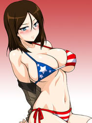 american_flag american_flag_bikini arms_behind_back big_breasts blue_eyes blush brown_hair girls_und_panzer long_hair looking_at_viewer nonna oosaka_kanagawa simple_background