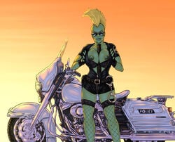 1girls amy_belcher bike female female_only fishnets green_skin image_comics mohawk police_uniform savage_dragon she-dragon solo sunglasses wicka yellow_hair