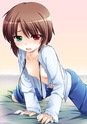 brown_hair female flat_chest heterochromia hijiri_tsukasa nipples open_clothes open_shirt rozen_maiden shirt short_hair souseiseki