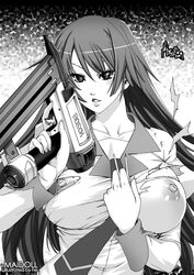 1girls breasts fei_(maidoll) female fingernails gun huge_breasts large_breasts lips monochrome monogatari_(series) nail_gun necktie nipples school_uniform senjougahara_hitagi solo torn_clothes trigger_discipline weapon