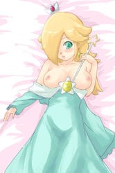 bare_shoulders blush breasts crown dress earrings female female_only green_eyes hair_over_one_eye human lying mario_(series) nintendo nipples on_back open_mouth princess_rosalina smile solo straight_hair wand yuno_(mioalice)