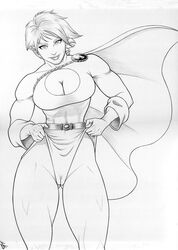 belt breasts cape cleavage clothing dc female female_only front_view gloves greyscale kara_zor-l karen_starr light_hair looking_at_viewer medium_eyes monochrome muscular power_girl short_hair smile solo standing straight_hair tagme wedgie white_background